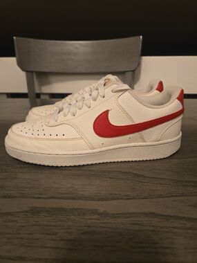 Nike White Leather Sneakers with Red Swoosh